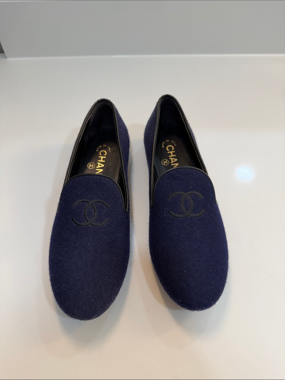 CHANEL Navy Wool CC Logo Slip-On Flats - Picture 2 of 7